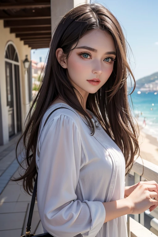 Southern European beauty、Mature woman in her 30s、Rich, dark blonde medium-length hair、Small wrinkles around the eyes、I also have some nasolabial folds.、Green Eyes、Perfect Makeup、Aristocratic woman、Casual and stylish fashion、Bust Shot、On the coast of Nice、