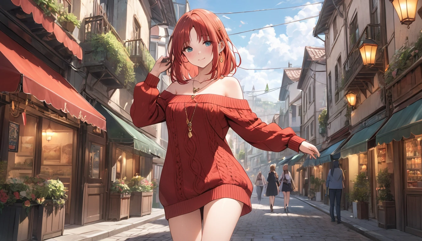 1 women, BREAK bare shoulders, collarbone, dress, long sleeves, off shoulder, off-shoulder dress, off-shoulder sweater, pantyhose, red sweater, sweater, sweater dress, thighs, long legs, big , skinny legs, anime cover, full body, nilou, niloudress, frilled, street, best quality, masterpiece), 1women ,4k, 8k, uhd, hdr, detailed background,mature female,