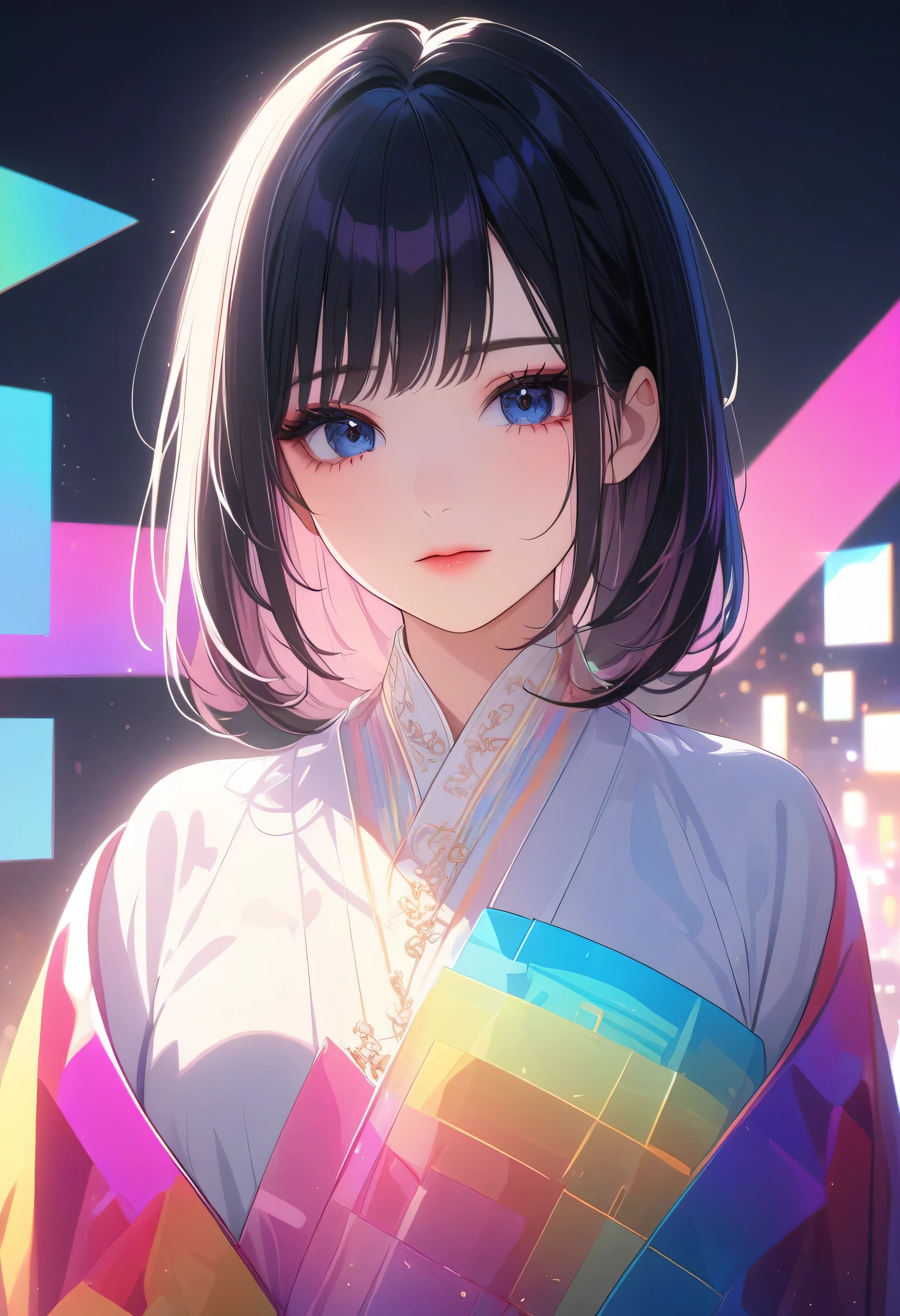 (masterpiece, best quality:1.3), 1girl, detailed face, black eyes, black hairs, smiley, pink hue cheek, beautiful detailed lips, long eyelashes, delicate facial features, expressive face, detailed skin texture, vibrant colors, cinematic lighting, soft focus, prismatic, holographic,chromati caberration, transparent colorvinyl clothing, (nhat binh clothing, long sleeves, wide sleeves), lens_flare, colorful, Glitch lettering, art, abstractart, geometry, clearlines, squares, bright, limited palette,{canonicalcomposition},neat diagonal,{limited palette},flat colored