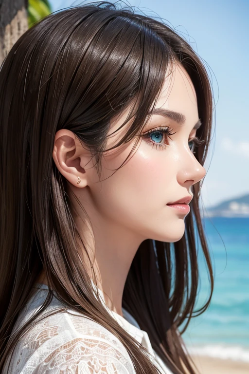 Southern European beauty、Mature woman in her 30s、Rich, dark blonde medium-length hair、Small wrinkles around the eyes、I also have some nasolabial folds.、Green Eyes、Perfect Makeup、Aristocratic woman、Casual and stylish fashion、Bust Shot、On the coast of Nice、Side view、Draw a detailed profile、