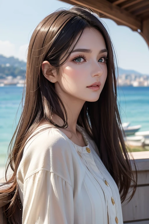 Southern European beauty、Mature woman in her 30s、Rich, dark blonde medium-length hair、Small wrinkles around the eyes、I also have some nasolabial folds.、Green Eyes、Perfect Makeup、Aristocratic woman、Casual and stylish fashion、Bust Shot、On the coast of Nice、Side view、Draw a detailed profile、