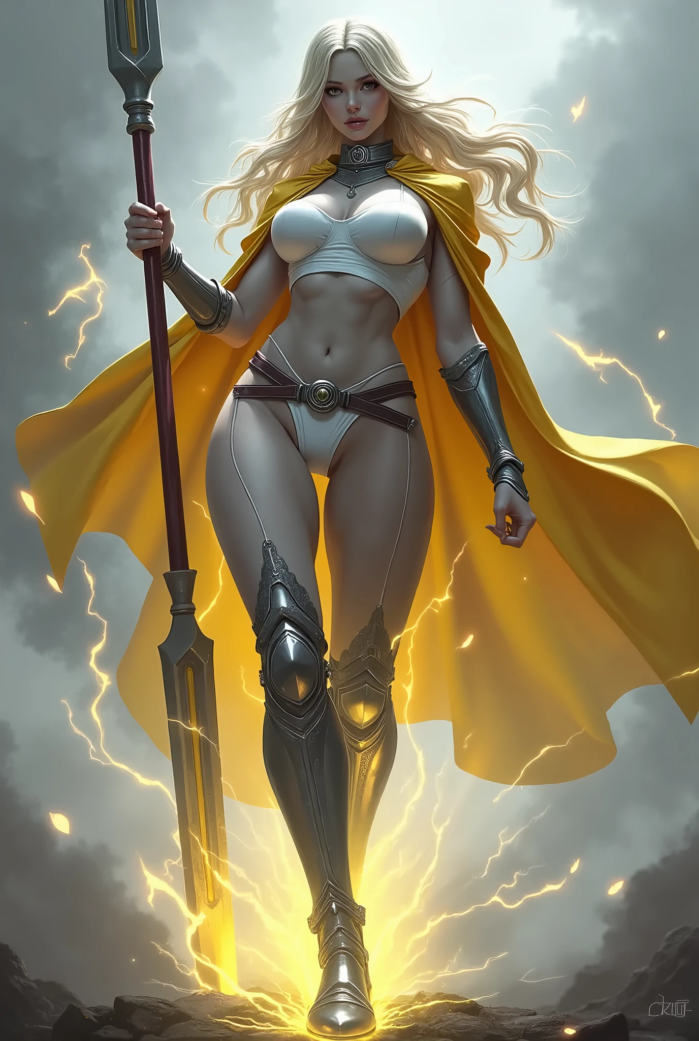 17 years old Spanish lady, ((full body)), ((nude)), blond, blue eyes, heavily armored in black with a long deep red cape, beautiful chest, standing in the battle field, with her legs spread apart, zoom in from front below