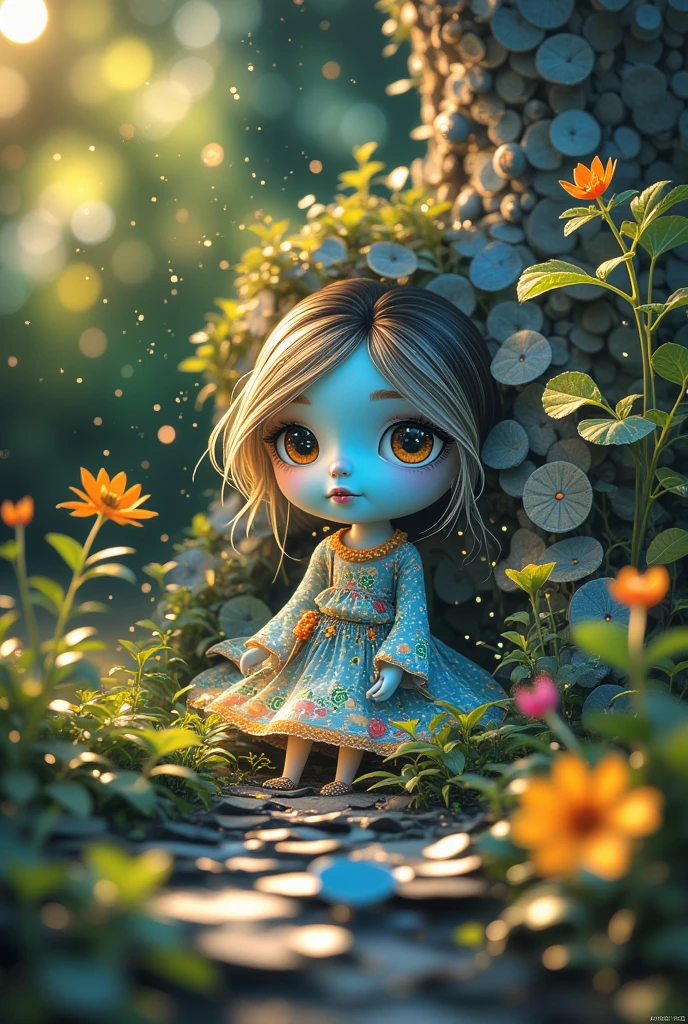 (photorealism:1.2), female toddler child, standing in forest, wearing loose top, fantasy pants, long blue hair, outdoors, soft lighting, plants in background, relaxed pose, facing forward, painting, intricate details, warm colors, by Greg Rutkowski, by Alphonse Mucha