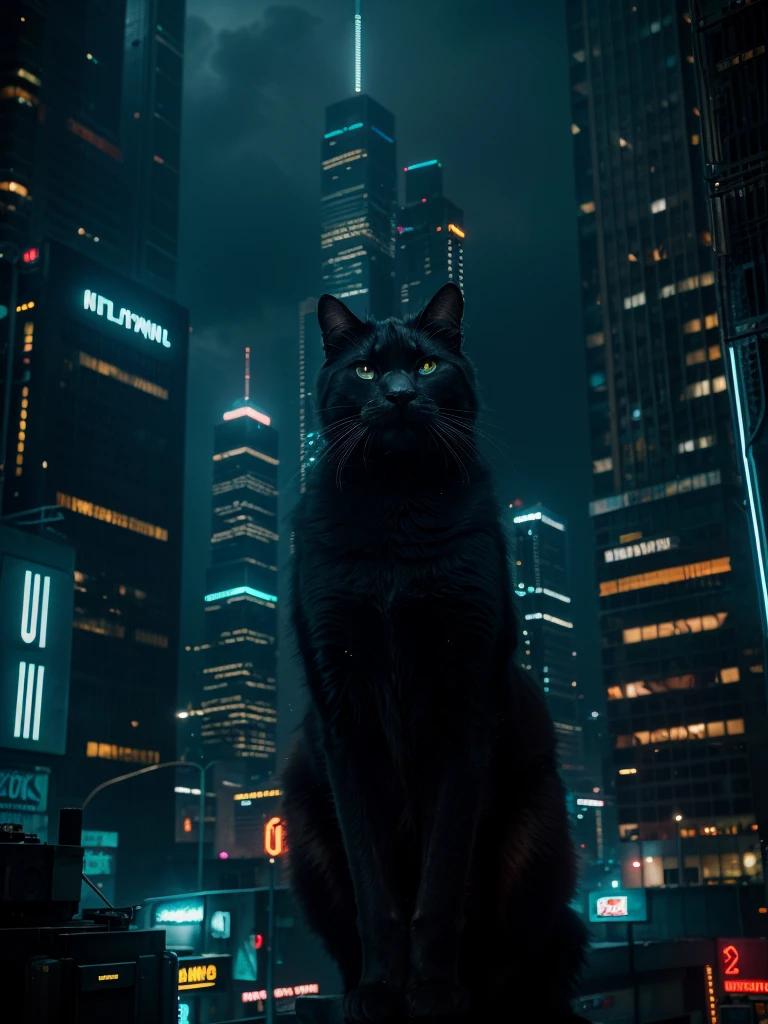 a big black cat, futuristic city, cinematic, high quality, photorealistic, dramatic lighting, intricate details, science fiction, striking composition, moody atmosphere, neon lights, skyscrapers, advanced technology, sleek and modern, dystopian, realistic fur textures, glowing eyes, menacing presence, urban decay, neon signage, towering architecture, moody color palette, dynamic camera angle