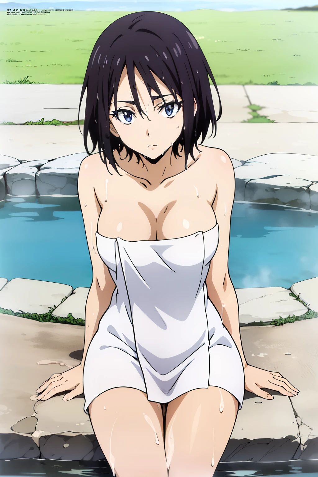 (Anime Cel Style, masterpiece, Best Quality, High resolution, Anime Color, megami magazine:1.2, Anime poster style, Anime key visual, sharp, 8k, Realistic), (Beautiful Eyes:1.5), Sakaguchi Hinata\(Tiglath\), One girl, cute, Black Hair, Very short hair, Large Breasts, Clevis, nude, (Wet Naked towel:1.5), (Cowboy Shot, Sitting), (Perfectly detailed anatomy, Perfect Arms, Perfect fingers, Beautiful Face, Perfect body, Shiny skin), hot spring, Wet