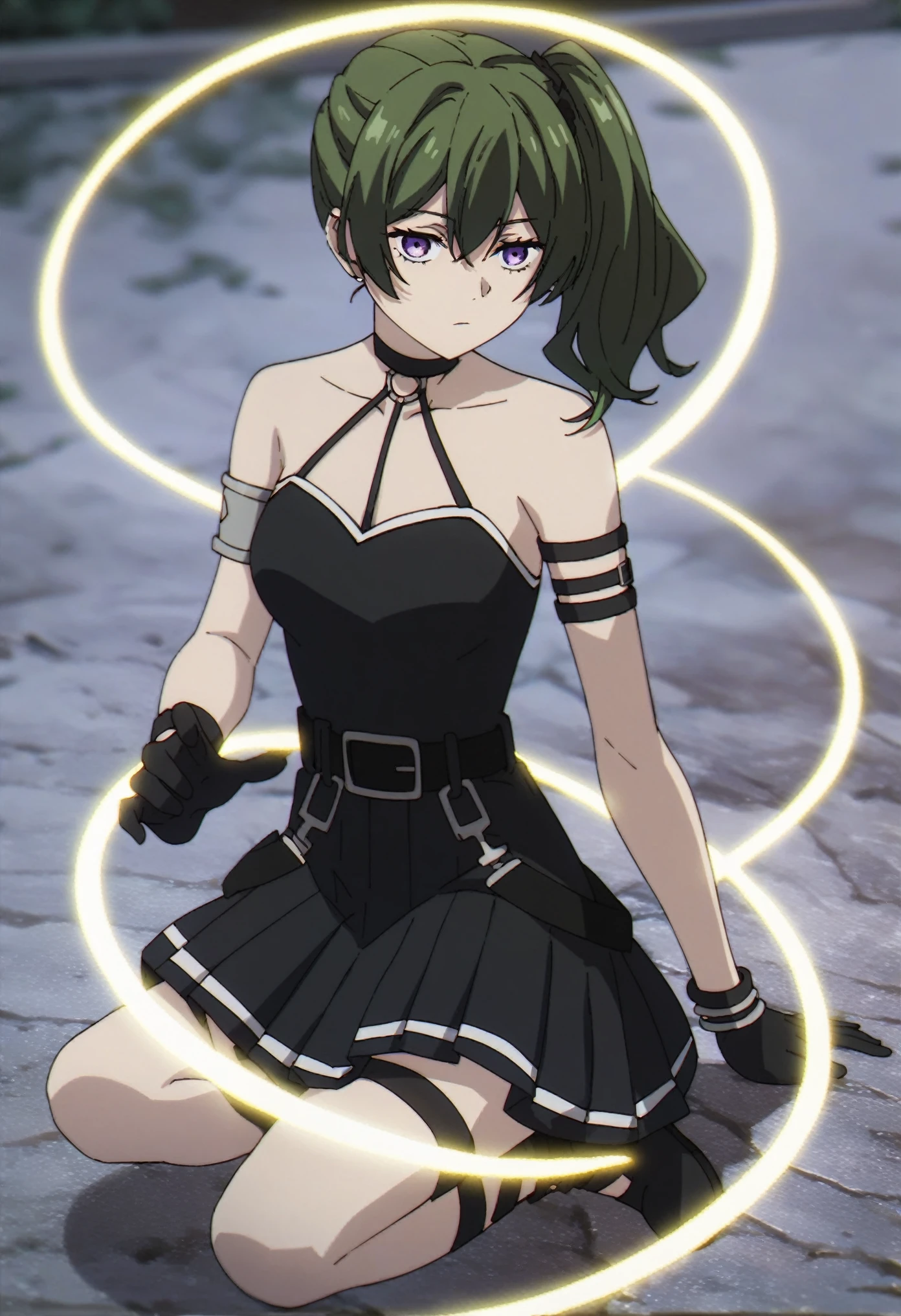 One girl, Yubel, Alone, Green Hair, Side Ponytail, Purple eyes, Blake Halter, Black choker, Bracelet, Arm strap, bare shoulders, black gloves, One-handed gloves, Black Dress, Sleeveless dress, Pleated dress, black belt, calf, Thigh straps, Black footwear, Break Full Body, Kneel, Enchanted, Glowing ring, BREAK
Score_9, Score_8_up, Score_7_up, Score_6_up, anime, (High image quality, detailed, beautiful), Shiny, detailed beautiful eyes, outstanding, Countershading, detailed soft lighting