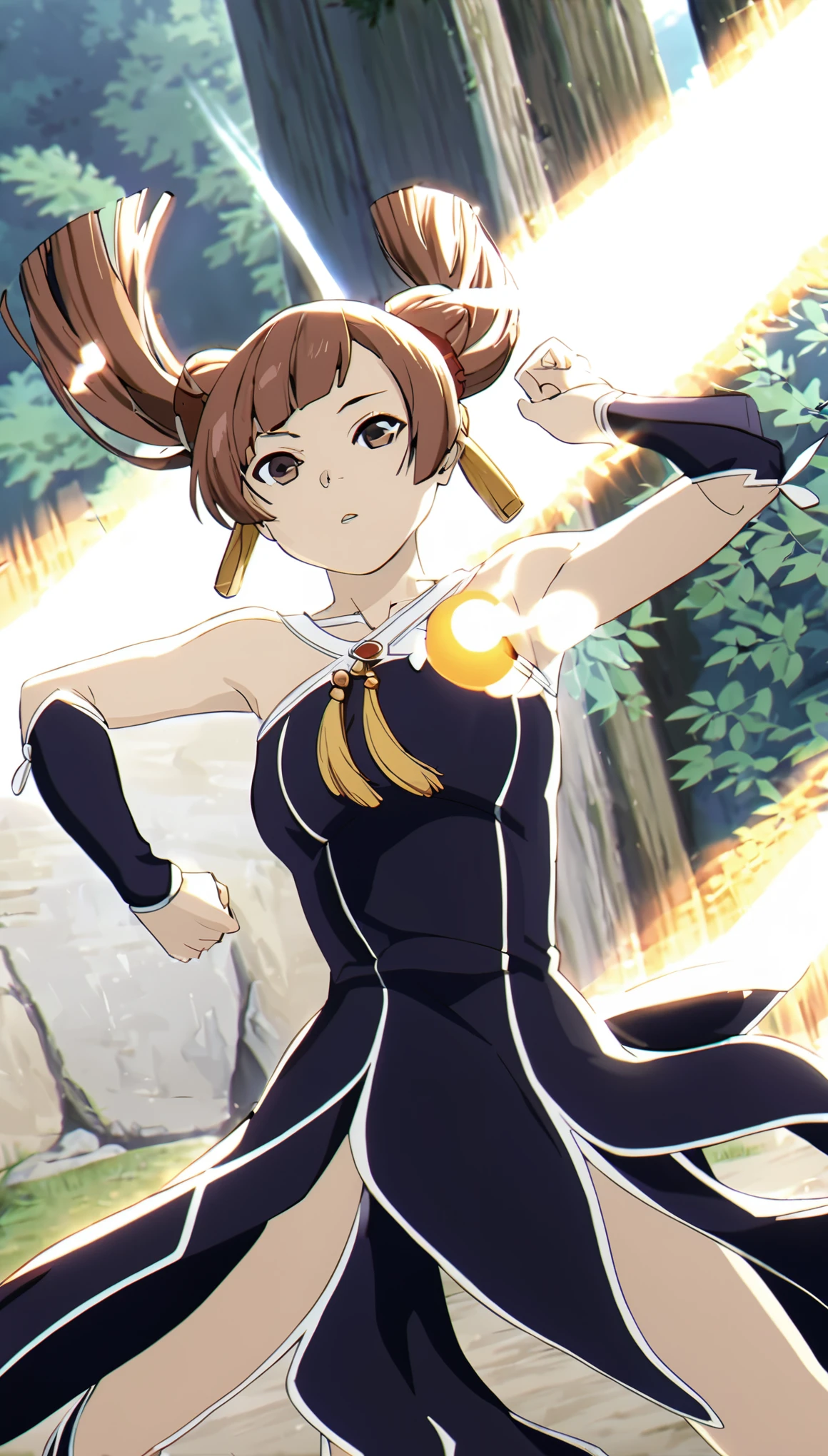 Watch the audience,
Alone,
Anime screenshots,
run,One girl,brown hair,Double Bang,Brown eyes,hair_ornament,
Black Dress,bare shoulders,
gloves,
Pelvic Curtain,
boots,
nature,sun rays,