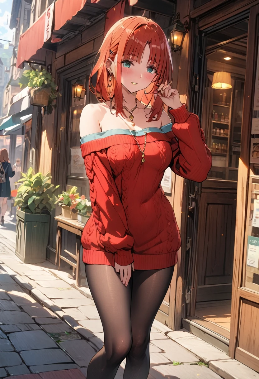 1 women, BREAK bare shoulders, collarbone, dress, long sleeves, off shoulder, off-shoulder dress, off-shoulder sweater, pantyhose, red sweater, sweater, sweater dress, thighs, long legs, big , skinny legs, anime cover, full body, nilou, niloudress, frilled, street, best quality, masterpiece), 1women ,4k, 8k, uhd, hdr, detailed background,mature female,
