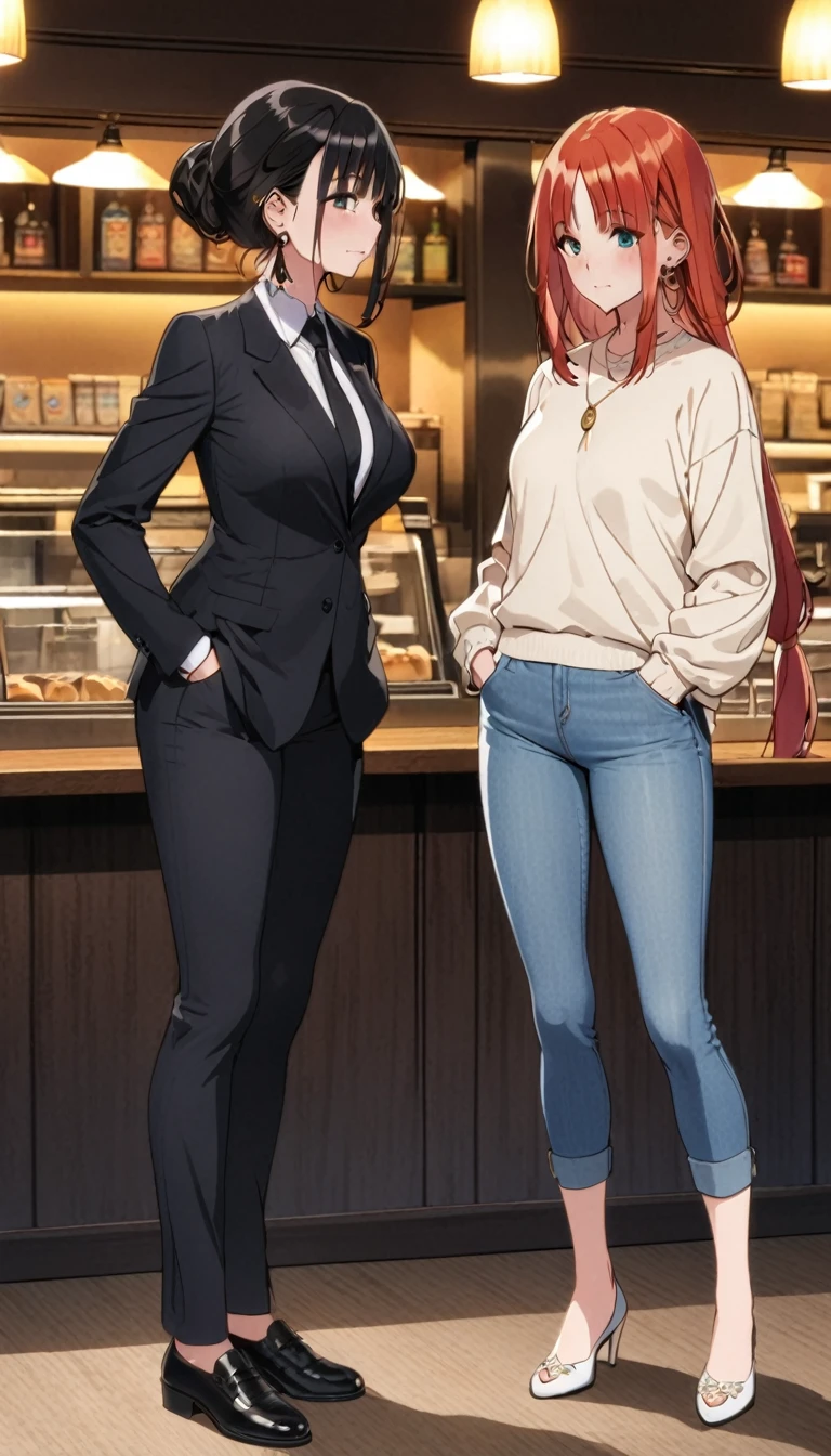 mature woman, long tied black hair, white polo, black necktie, fitted pants, tall woman, long legs, full body, tall woman, long legs, big , skinny legs, anime cover, 1girl, ear piercings, hands in pockets, adult-like look, cafe background, nilou, niloudress, frilled, 