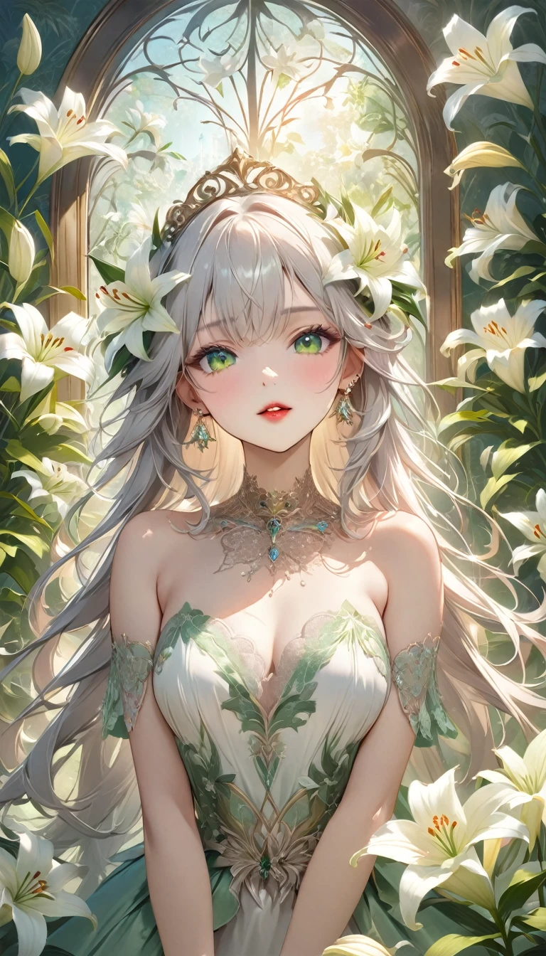 ((best quality,8k,masterpiece)),a goddess,white skin, pink face, silver colored hair, bright yellow colored eyes,angel wings white color,long white dress,gold jewelry, lips between open, perfect and delicate hands, behind her a valley of white color tulips.