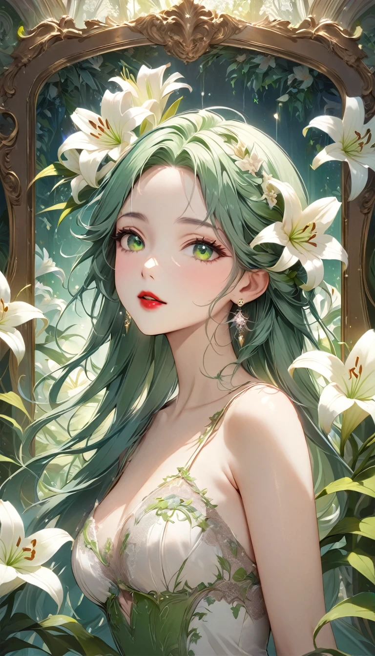 Green background,solid color backdrop,Full body frontal photo,1girll,standing on your feet,full bodyesbian, Solo,frontage,facing to audience,Place your hands naturally on the sides of your thighs, Slim body,perfectly proportions,Exquisite facial features,ssmile,Hanfu,Background bokeh,lightand shade contrast