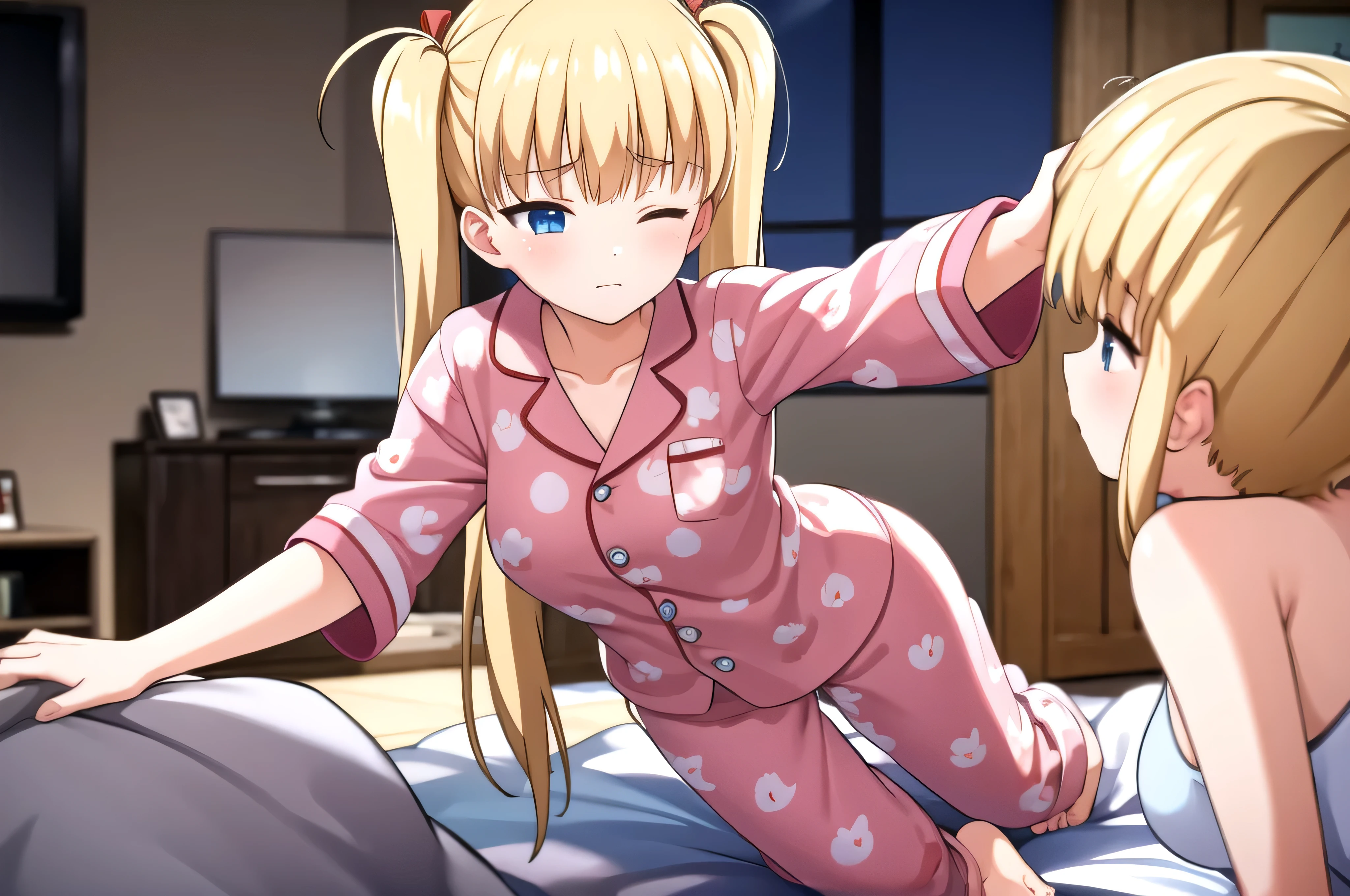 (masterpiece, Best Quality:1.2), absurdities, perfect anatomy, owtech, stylized, solo Airi Akizuki, blunt bangs, Focus only, Soft lighting, (blue eyes), blonde hair, very long hair, twintails, breast, A beautiful and seductive girl, sexy body, living room, sitting on bed, waking up, one eye closed, teary eyes, green pajama, pajama with cat print, wakeupeye, rubbing eyes,