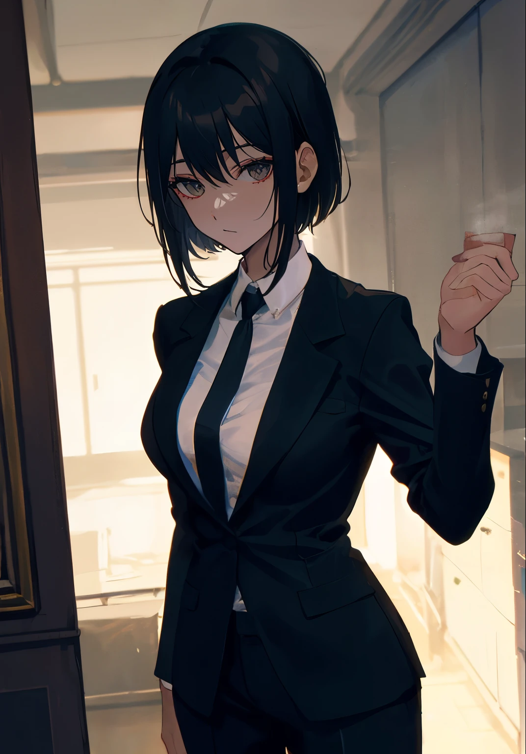 Anime style, a female mafia boss, a woman with short black hair, wearing a black suit jacket, formal trousers, and a neatly tied necktie, glaring intensely with a sharp and piercing gaze, dark brown eyes, standing confidently, taking up most of the frame, only the upper body shown in a close-up, dominant and imposing figure, stern and intimidating, (70s noir film style, dim lighting, smoky room, vintage furniture, (highly detailed and polished art style)), with minimal emphasis on lips