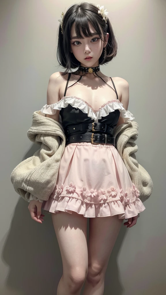 (8K、RAW Photos、Highest quality、masterpiece:1.2)、(Highest quality、Realistic)、1 Girl、((ribbon、Tube top、Off the shoulder、Medium Hair、Big Breasts、Breast enlargement、smile、Pink and black、Lace mini skirt、Thin legs、whole body、boots、garden、View from the front、Looking into the camera、Idol Costume、Stand with hands on hips))、cute