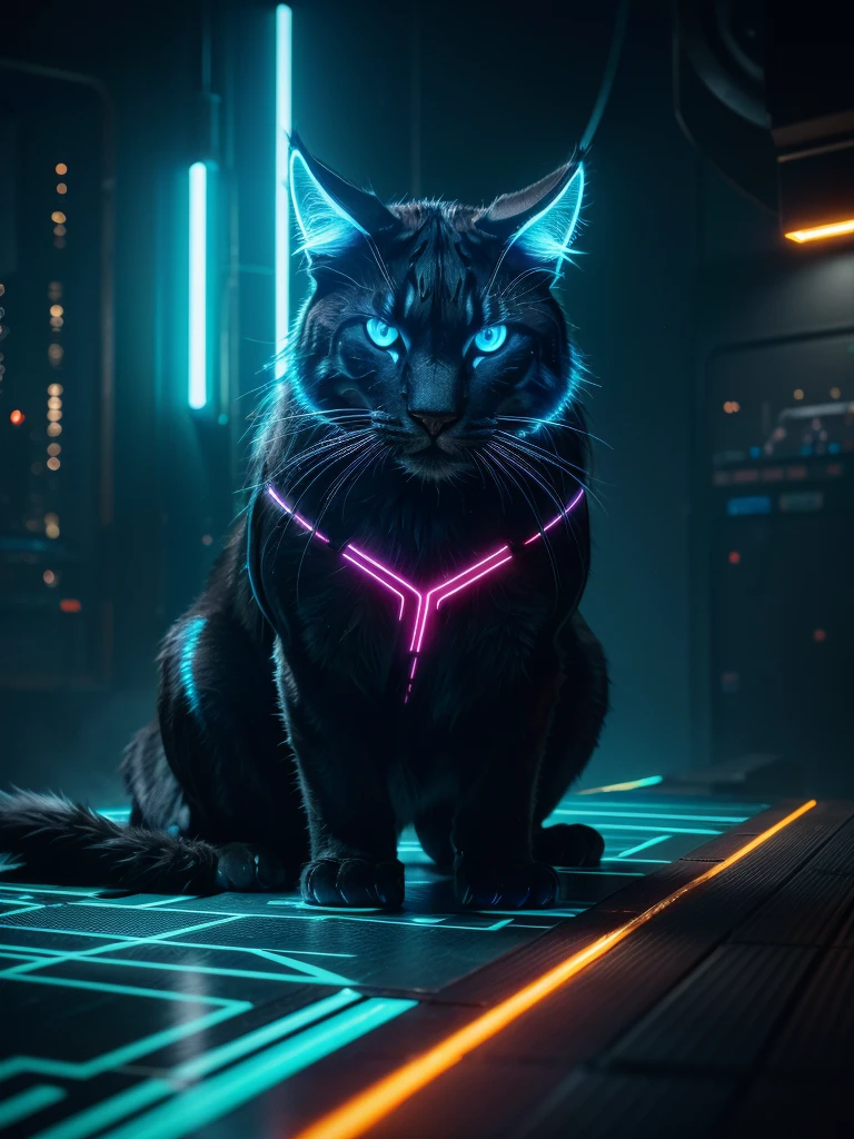 a big cat, tron world, neon lights, cyberpunk, futuristic landscape, glowing grid, electric blue, dramatic lighting, mechanical details, highly detailed, 4k, photorealistic, octane render, volumetric lighting, cinematic composition, dramatic pose, fierce expression, sharp focus, hyper-realistic, glossy fur, piercing eyes, powerful muscles, dynamic motion, stunning visuals
