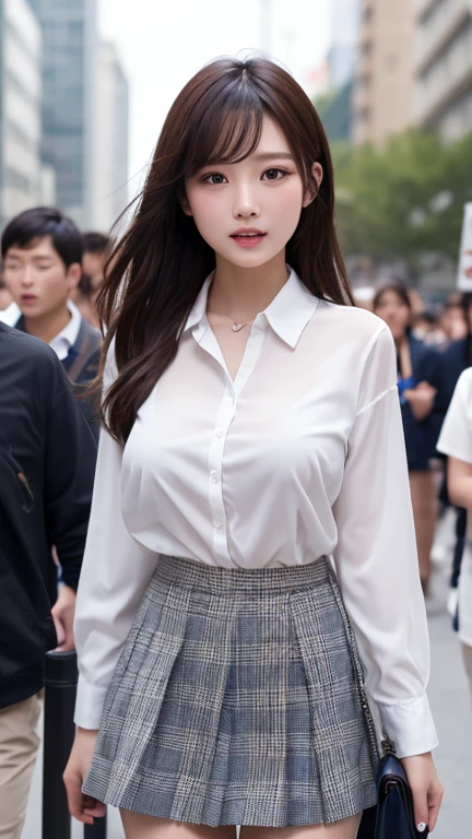 a 17 year old girl, she is the most beautiful actress in the world, the perfect body proportions of this girl, her large breasts within the formal shirt are clothed by the blazer that's covering her navel, 95% range of the panties between her bare legs are hidden by the short skirt, it's just front of her body in this photo, there are just no space of this photo above her head and below her shins, she is standing straight at the street, nsfw, best quality, highly detailed, masterpiece, ultra high res, photo realistic, 8k, RAW photo