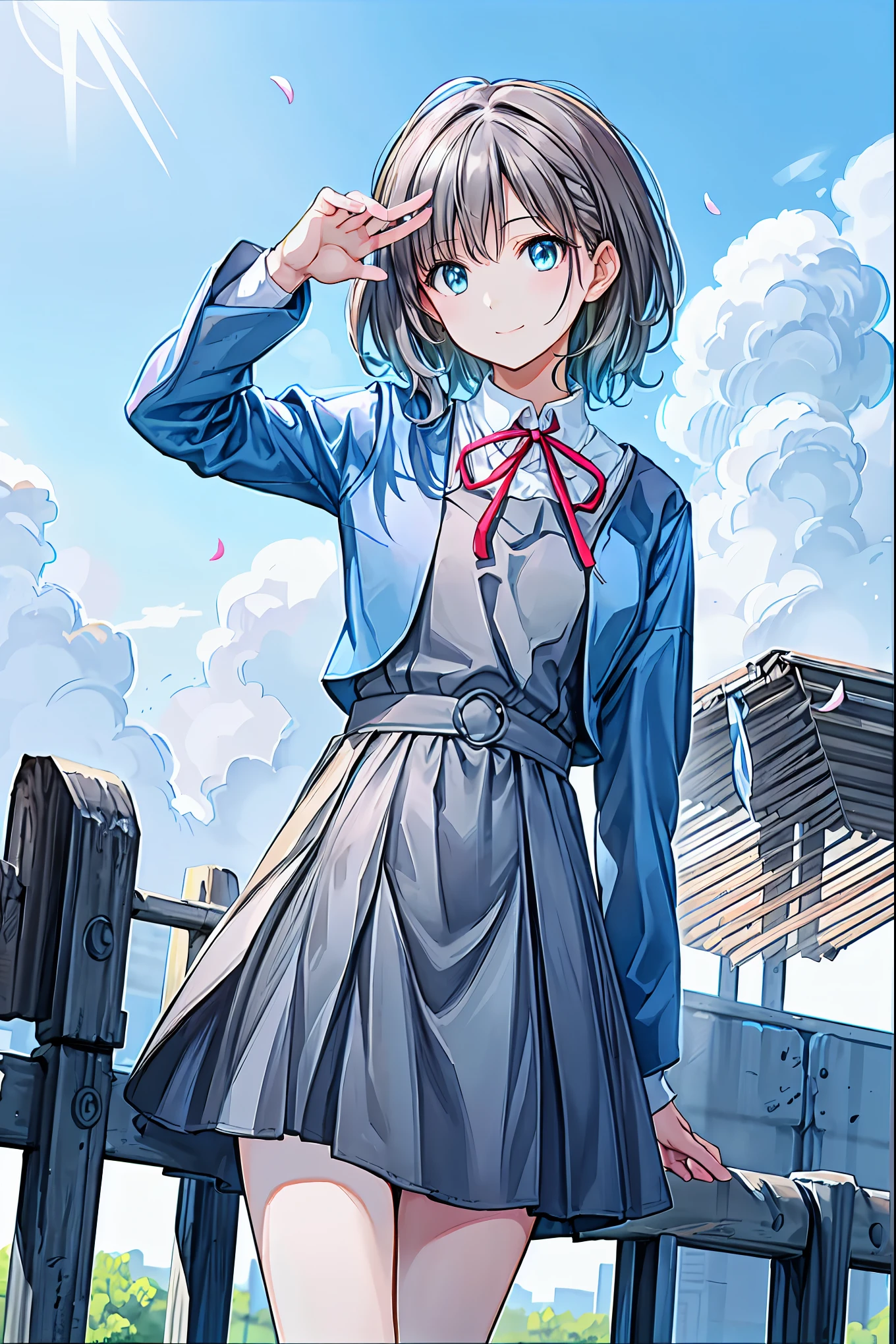 (((Best Quality)))), Realistic, Genuine, beautiful and amazing landscape with a bus on the road oil painting スタジオジブリ Hayao Miyazaki pasture petals with blue sky and white clouds, The bus heads west, Brown Hair,Shortcuts,Messy Hair,Short braided hair,Neat,Slender beauty,A dignified posture,Small chest,Beautiful feet,Her captivating grey-blue eyes shine like stars,Vibrant colors,Beautiful Eyes,A delicate smile,Textured Skin,Best Qualityを最高に,A kind and beautiful woman,Anime Style、