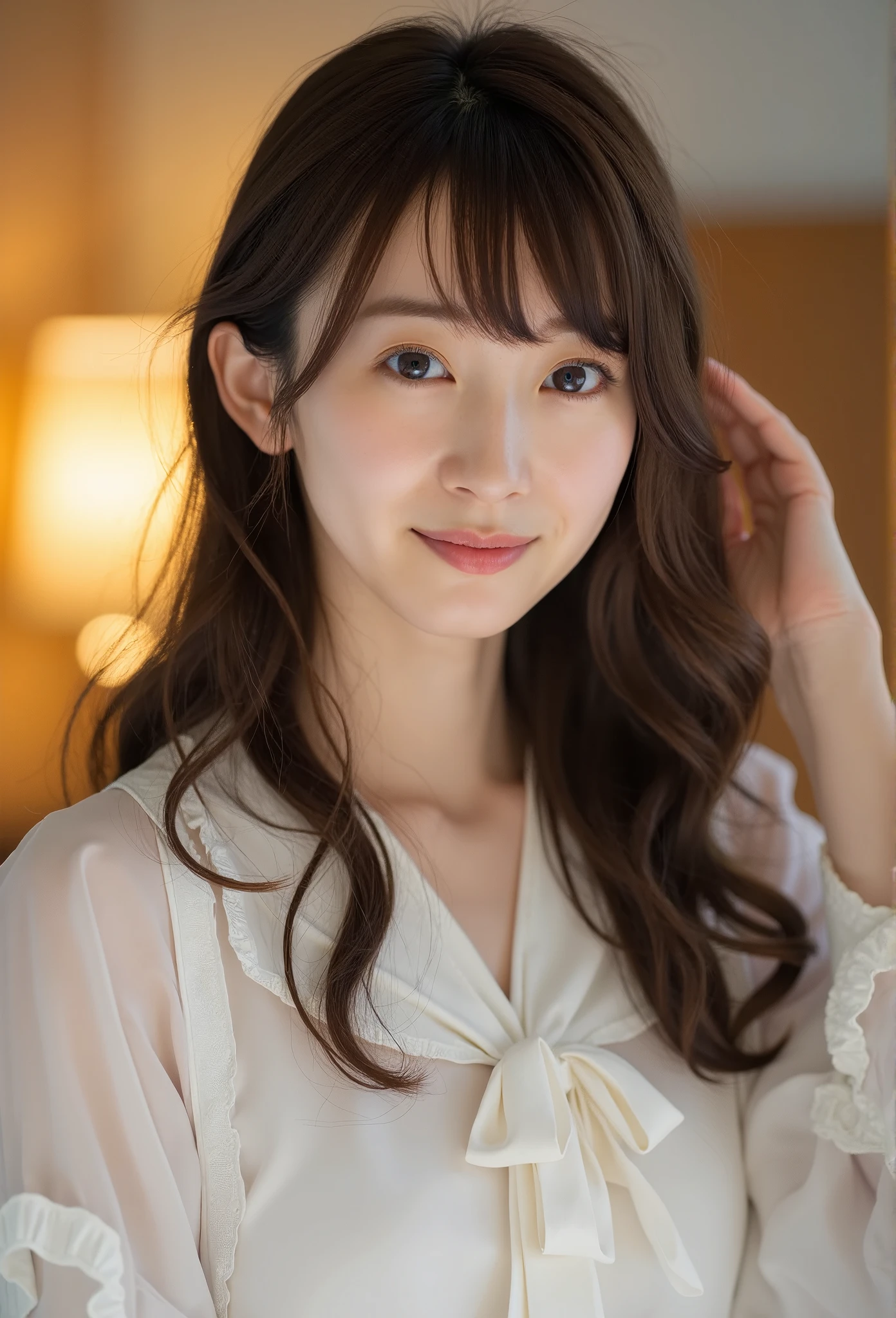 Portrait of a gently smiling Japanese woman.she has long brown hair , wearing a white elegant Blause with ribbon-tie. In Hotel room.