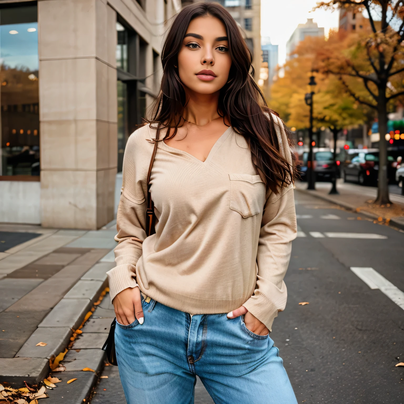 beautiful brunette,beige top, autumn, fashion, hand in pocket