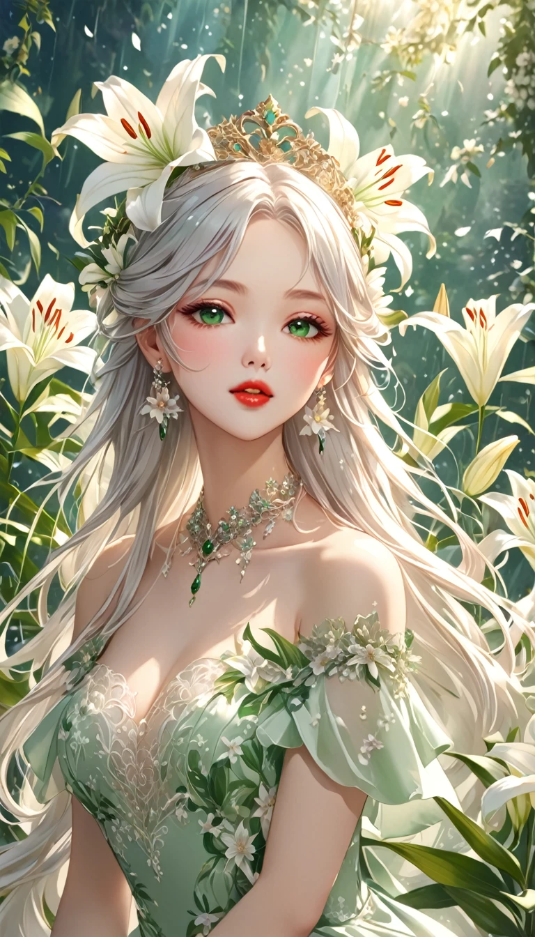 uma linda mulher com uma coroa de flores, cercada pela natureza, muito detalhada, arte estilo fantasia, shrouded in flowers and mist