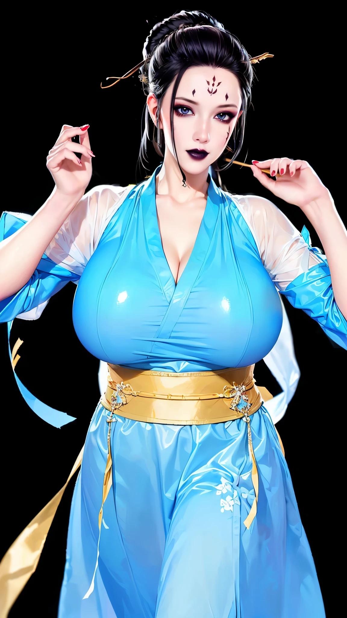 (（（figure，御姐figure,White and tender skin,(((Hanfu,blue and gold Hanfu))),(((black hair,hair ornament,hair stick,makeup,forehead mark,facial mark,lipstick,black lips,))),((masterpiece)),highres,((Best quality at best)),masterpiece,quality,Best quality,(（（ Exquisite facial features,Looking at the audience,There is light in the eyes, happy，cheer））），Huge breasts，Black background））），((((a girl, very happy, )))),