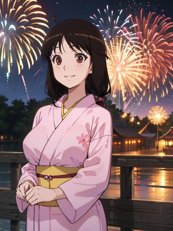 (Anime Style)、(beautiful顔:1.5)、(beautiful、Large Breasts)、colorful、Glowing Skin、(masterpiece:1.5)、(High resolution)、(Best Quality)、(Super Fine)、Black Hair、break、Stand up、(Pink Yukata)、Night view、Fireworks、Balcony、Looking up at the fireworks、smile