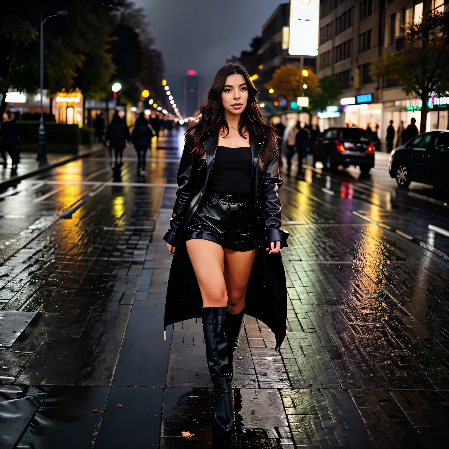 beautiful brunette,leder jacke, herbst, fashion, rain,fullbody