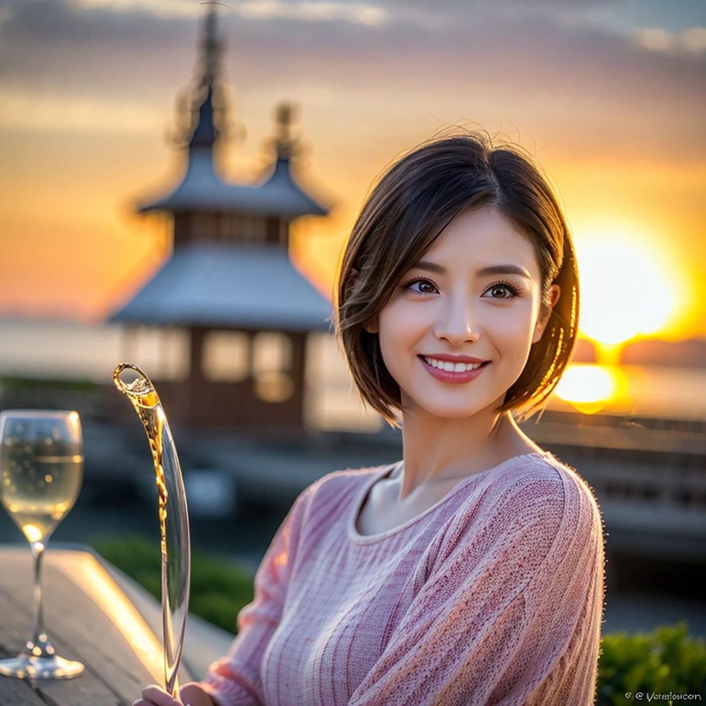 8k,Brown short hair,Japanese actress,Super Beauty(Like the real thing),Wine Party、wine glass、sparkling wine、full-course dinner,Neat and clean dresses,Cocktail Dresses、Big smile,Amazing view of the sunset sky and clouds、,Perfect Anatomy,charm,Volume measurement,Body balance,Digital single-lens reflex camera, Soft lighting, Detailed Background, Written boundary depth, Volumetric lighting, Sharp focus, Absurd, Realistic proportions, Excellent anatomy, (Realistic, 超Realistic:1.4), 16k hdr, dawn,High resolution,super Realistic 肌,super beautiful expression,Fantasy art,Character Art,Wind effects:1.9、Cloud Effect:1.2、Full Rendering、プロ品質のHigh resolution、Perfect contrast、Perfect lighting、Perfect composition、Perfect Skin、Perfect Fingers、Perfect breasts、Perfect Hair、Perfect Face、Realistic facial features,Highest quality,Slim figure,Perfect body line,Perfect hand shape,Anatomical Body Balance,Highly detailed face,Highly detailed eyes,Beautiful Lips,Excellent light particles,Cinema Lighting,compensate,超High resolution,Ultra-Realistic Skin,Dynamic pose,blue eyes,
