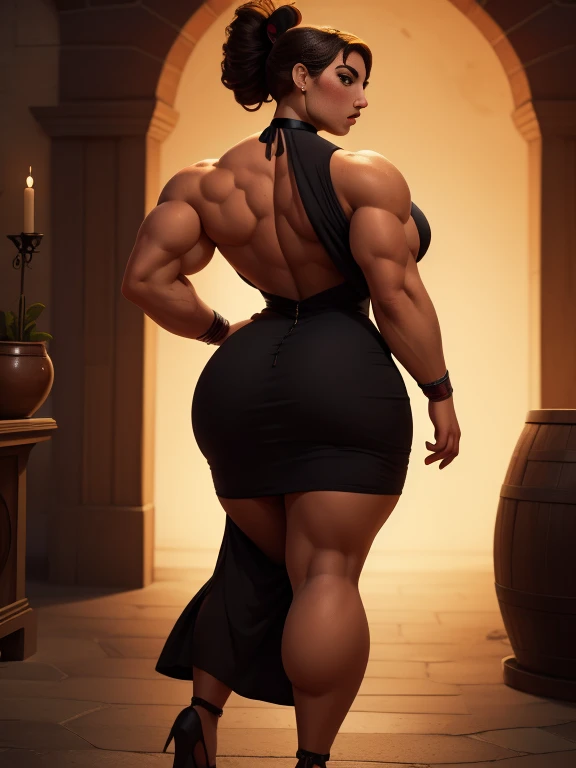 (((Luisa Madrigal from Disney's Enchanto))), perfect hands, smooth face, ((wide shoulder)), perfect legs, perfect skin, ((bare back)), curvy body, toned skin, ((wearing a black colored long dress)), a very crowded , (((wearing a stocking))), perfect thighs, (((muscular woman))), choker,