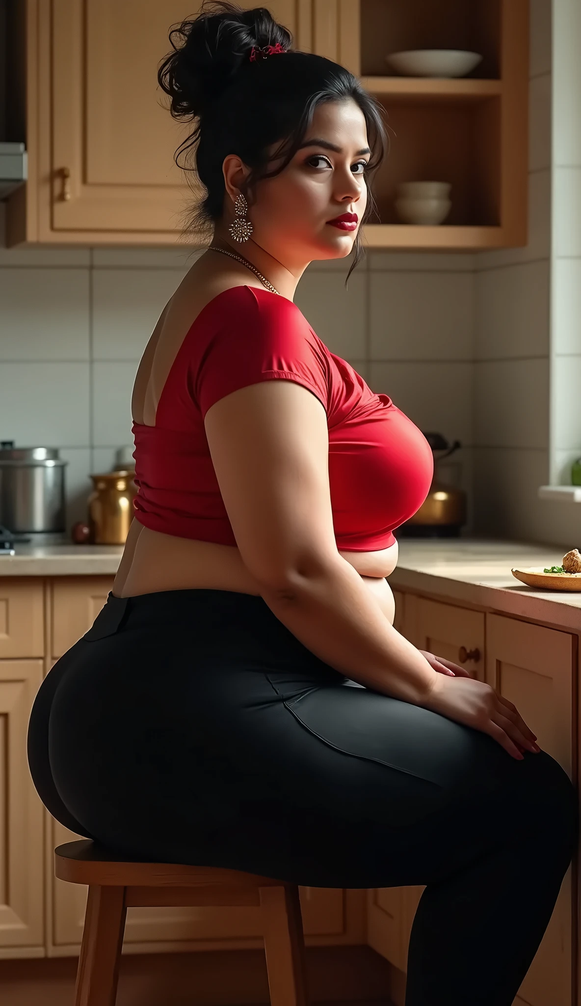 very fat middle eastern girl, huge boobs, natural boobs, skin texture, curvy body, wide hips, big butt, curvy model, curvy body, bbw, ssbbw, beautiful face, naked, sitting in restaurant eating Arab food, professional photoshoot, model, professional lighting, cinematic, cinematic lighting, realistic, bokeh, depth of field, blur background, seductive face