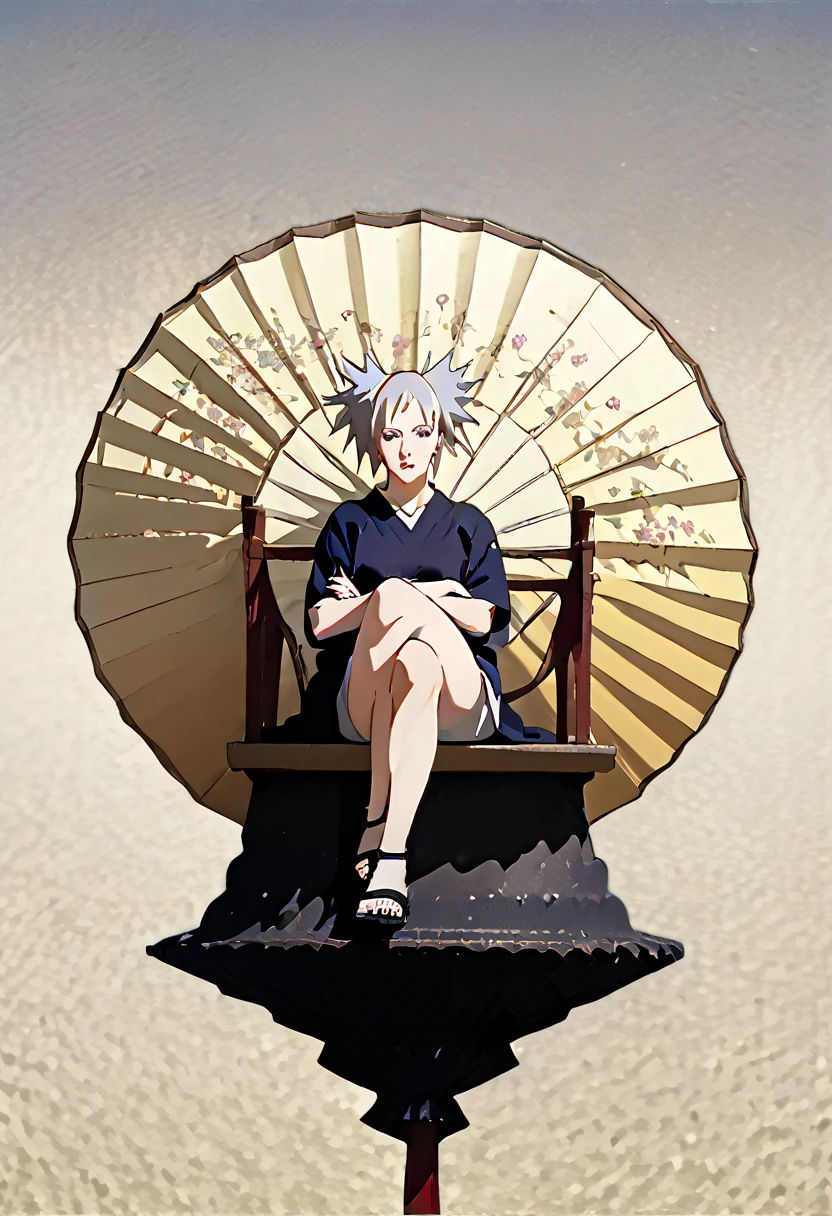 High image quality、Best Quality、beautiful、whole body、Pull composition、Naruto、Temari、fan、sit on a big fan、Sitting with legs crossed