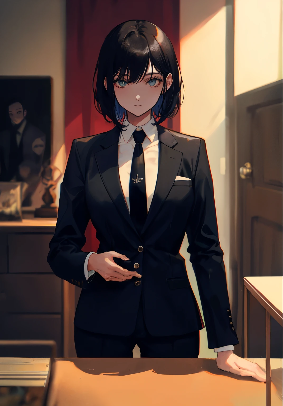 Anime style, a female mafia boss, a woman with short black hair, wearing a black suit jacket, formal trousers, and a neatly tied necktie, glaring intensely with a sharp and piercing gaze, dark brown eyes, standing confidently, taking up most of the frame, only the upper body shown in a close-up, dominant and imposing figure, stern and intimidating, (70s noir film style, dim lighting, smoky room, vintage furniture, (highly detailed and polished art style)), with minimal emphasis on lips