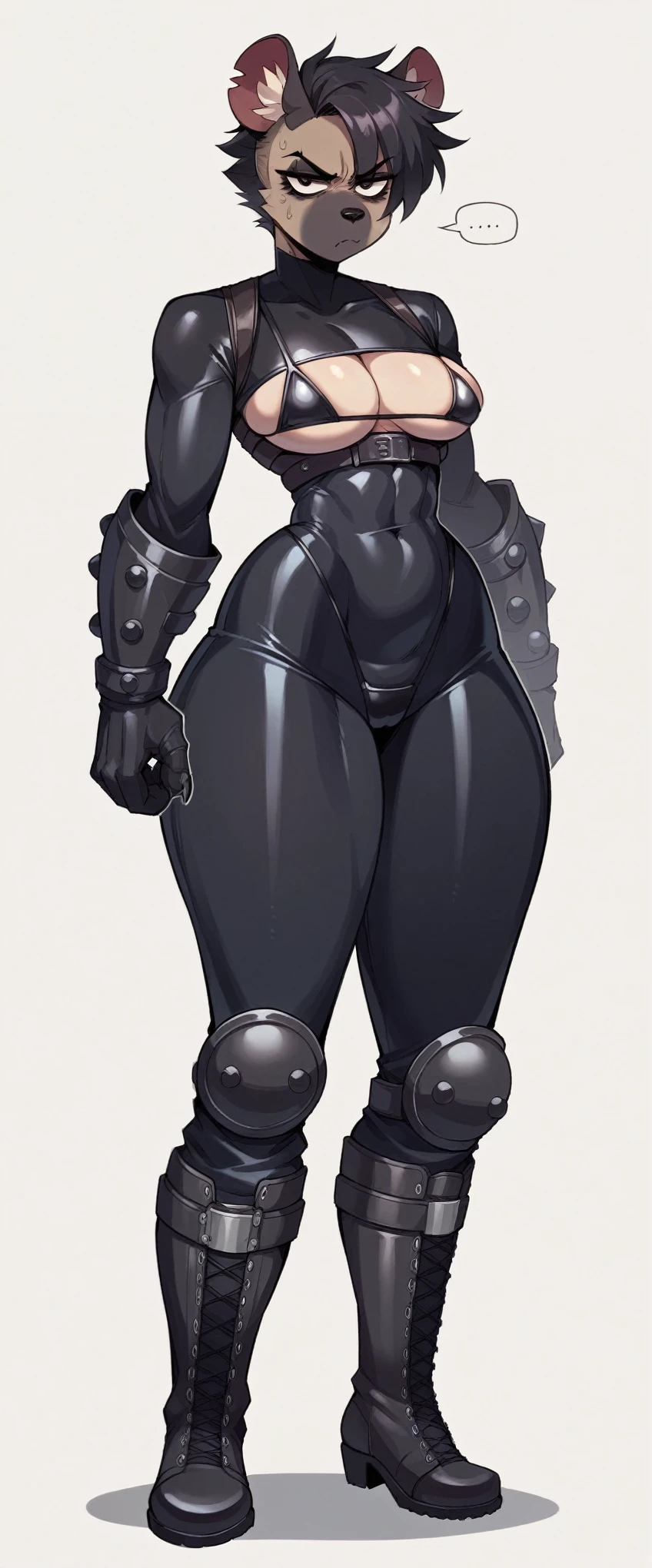 Noir (nod) ((furry girl)) ((nsfw)) tomboy. hyena. wearing a goth black fur. full body nsfw. thicc. Thick Eyeliner. Huge tits. Skin tight bikini. Short hair. Annoyed. Long boots. Armor. All finger.