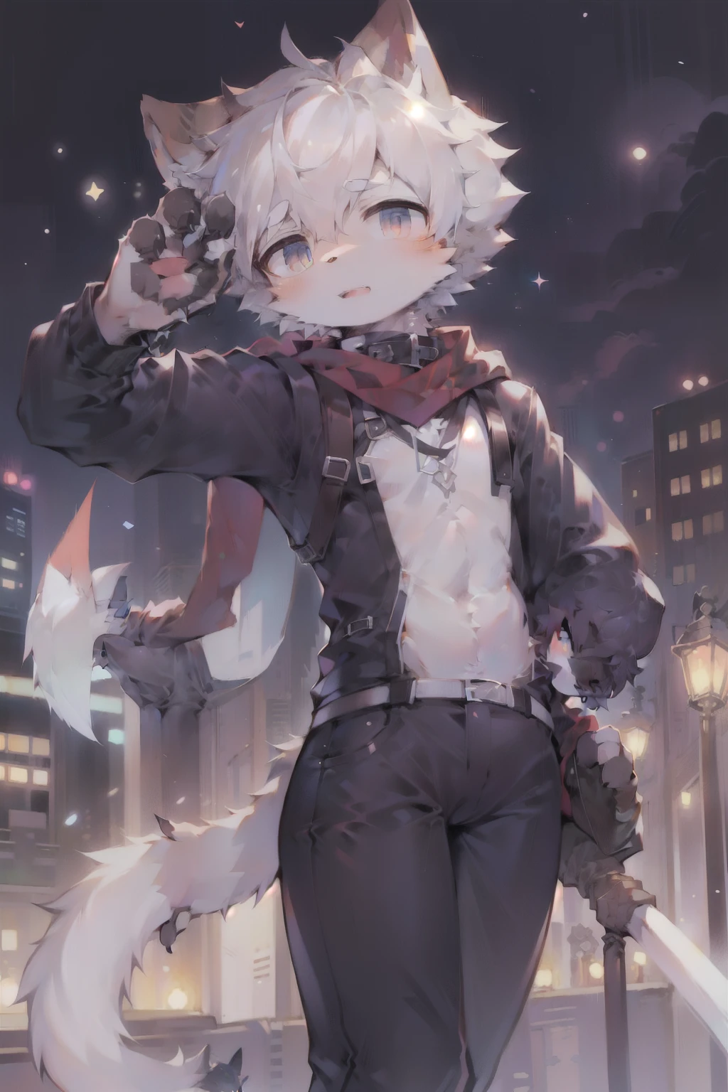 work of art, best quality, high resolution, 1 Femboy, synonym 1, scarf, short hair, mitts, ninja mask, long sleeves, leather pants, White hair, Cat's ears, cat tail,rogue clothes, leather pants, holding, holding a katana, hooded cloak, rogue rpg, rpg, ninja, cyberpunk city, menacing pose, wearing Technological mask