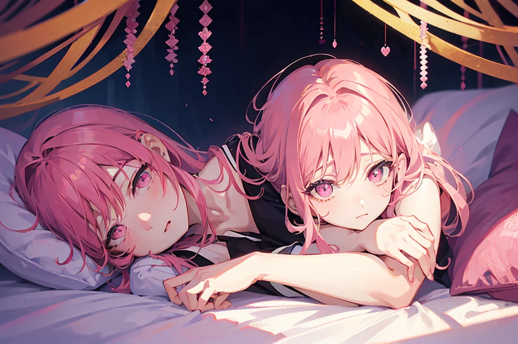 1girl, portrait, loli anime girl with short pink hair wearing maid outfit, pink hair with blue gradient shades, pink eyes, close up face, detailed eyes, detailed hair, emotional lovely happy expression, crystal glowing eyes, cinematic lighting, extremely detailed body, face, clothes, (best quality,4k,8k,highres,masterpiece:1.2),ultra-detailed,ultra HD, masterpiece, very very anime style, bokeh, starry shining lighting, original characters