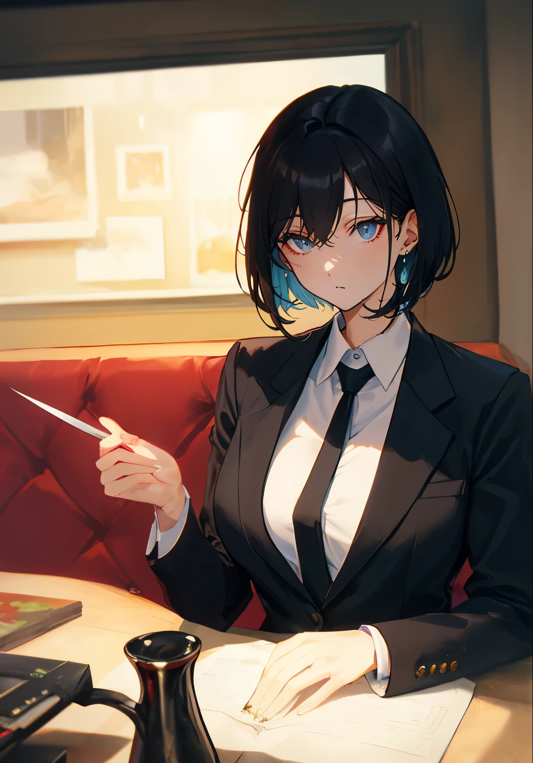 Anime style, a female mafia boss, a woman with short black hair, wearing a black suit jacket, formal trousers, and a neatly tied necktie, glaring intensely with a sharp and piercing gaze, dark brown eyes, standing confidently, taking up most of the frame, only the upper body shown in a close-up, dominant and imposing figure, stern and intimidating, (70s noir film style, dim lighting, smoky room, vintage furniture, (highly detailed and polished art style)), with minimal emphasis on lips