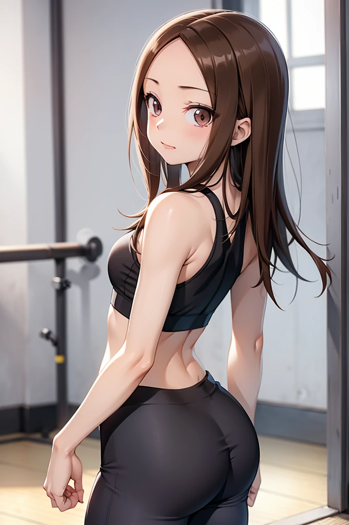 Takagi-san,  young girl, toned body, sports bra, flat chest, smug riso , sexy tight leggings ,marca de calcinha , gym . Back ass. 