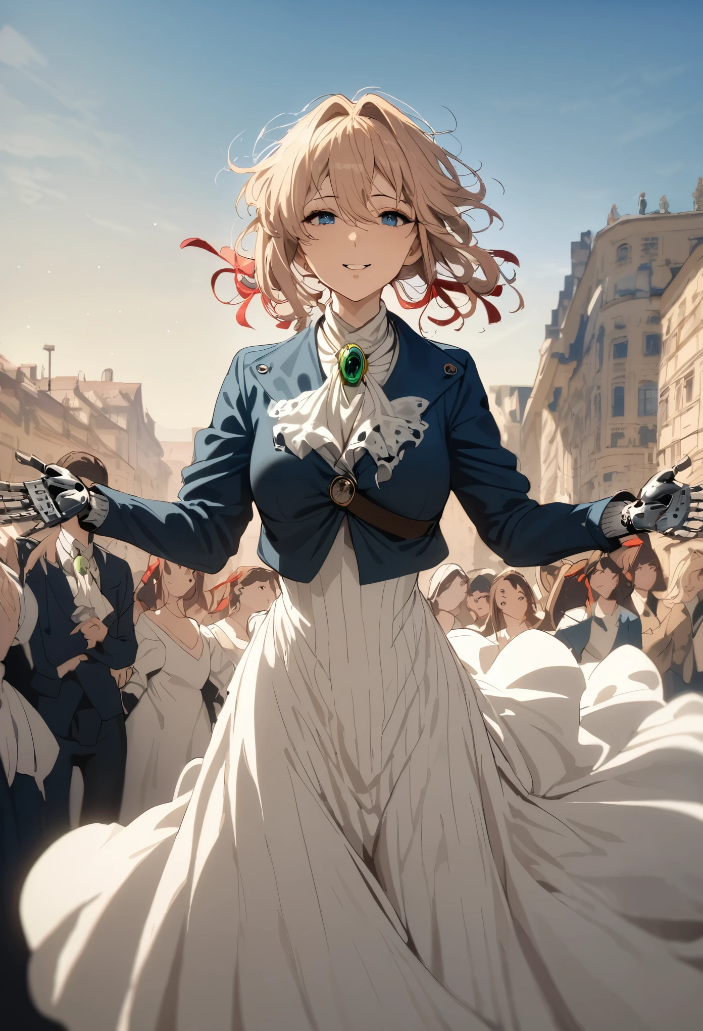 masterpiece, Best Quality, so beautiful, Absurd, , Braiding, hair ribbon, Red ribbon, jewelry, white ascot, brooch, Blue jacket, Long sleeve, Mechanical Hand, White Dress, Long Dress, Reaching out, Outstretched arms, wind, smile, standing, Cowboy Shot, Outdoor, Watch the audience,