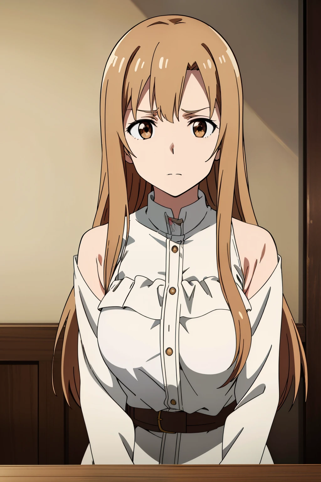 (Best Quality, masutepiece, High resolution, anime screen cap, anime colours, anime official art, Anime a poster), (Long straight light brown hair:1.5), Yuuki Asuna, Embarrassed look:1.3, blush, (huge drooping breasts:2.0, cleavage), ( Oversized white blouse:1.5, Thin fabric,no-bra:1.5), Leaning forward:2.0, down blouse, Slimed, Lower your arms, Upper body, Close-up on the chest, Front composition:1.5, Bedrooms, (Perfect Anatomy, perfect detailed body, Eyes and hair in beautiful detail, Beautiful breasts and skin),
