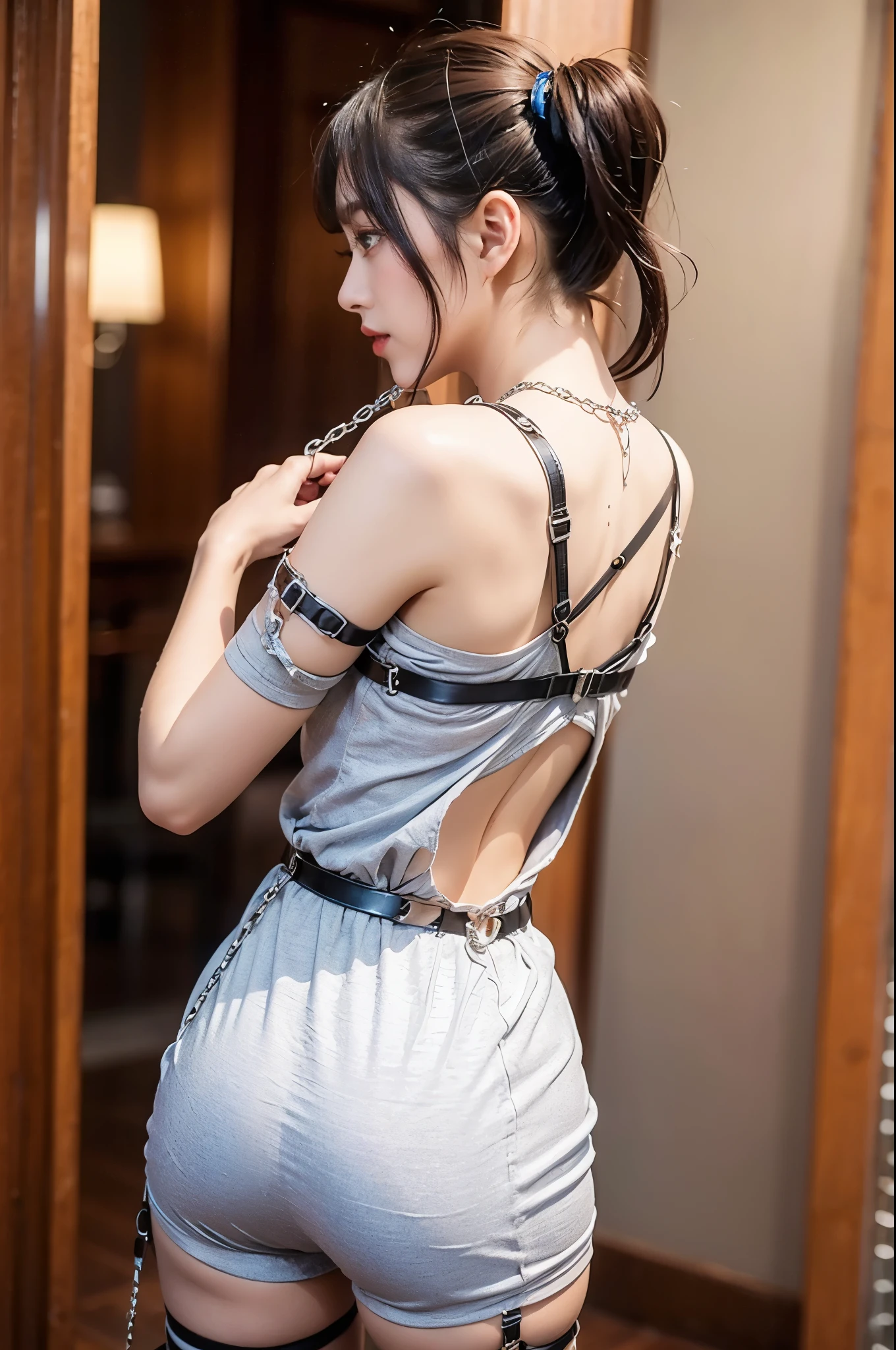 (shibari, turn your arms behind your back:1.4), (put your hands behind your back), (masterpiece, highest quality) 1.5, 1 girl, alone, (sexy, Beautiful woman, perfect face, perfect eyes), tifa lockhart, black leather dress, sneakers, (reddish brown eyes, black hair, long hair), (shibari, turn your arms behind your back:1.4), (put your hands behind your back)