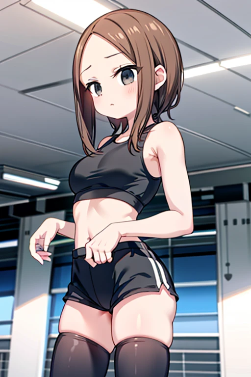 girl、、Gym、sports bra、Black shorts、small breasts、raw milk、incontinence