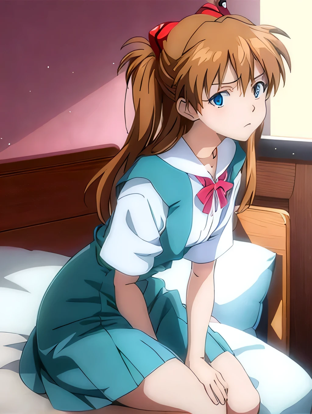 Anime girl sitting on the bed in a short skirt and bow tie, seductive anime girl, Smooth anime CG art, Photorealistic anime girl rendering, a surreal high school girl, small curvaceous , attractive anime girl, cute anime girl, wearing a dress, beautiful anime high school girl, beautiful anime girl squatting, surreal high school girl, beautiful anime girl