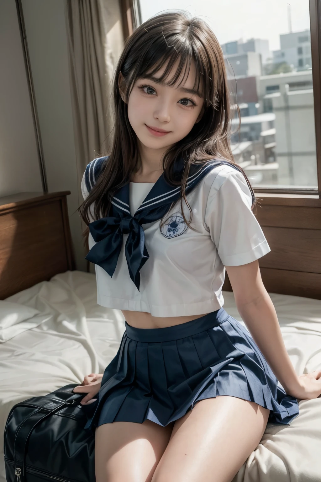 photorealistic, Ultra-detailed, (best quality, 8k, 32k, masterpiece, UHD:1.2), Photo of 25yo beautiful Japanese woman taken by professional photographer, lying on her back, from above, summer sailor costume, short sleeve, sailor collar, bowtie, pleated mini skirt with panties, medium hair, skinny, medium breasts, navel, head on a pillow, spread legs,