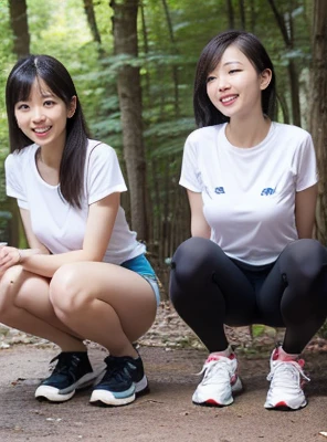 nsfw,(tanned skin:1.3), japanese cheerful girl,sport short pants,white long t-shirt,mascular and curvy thighs,(adult curvy body),legs focus,sandals,from side,lowerbody,sitting on bench