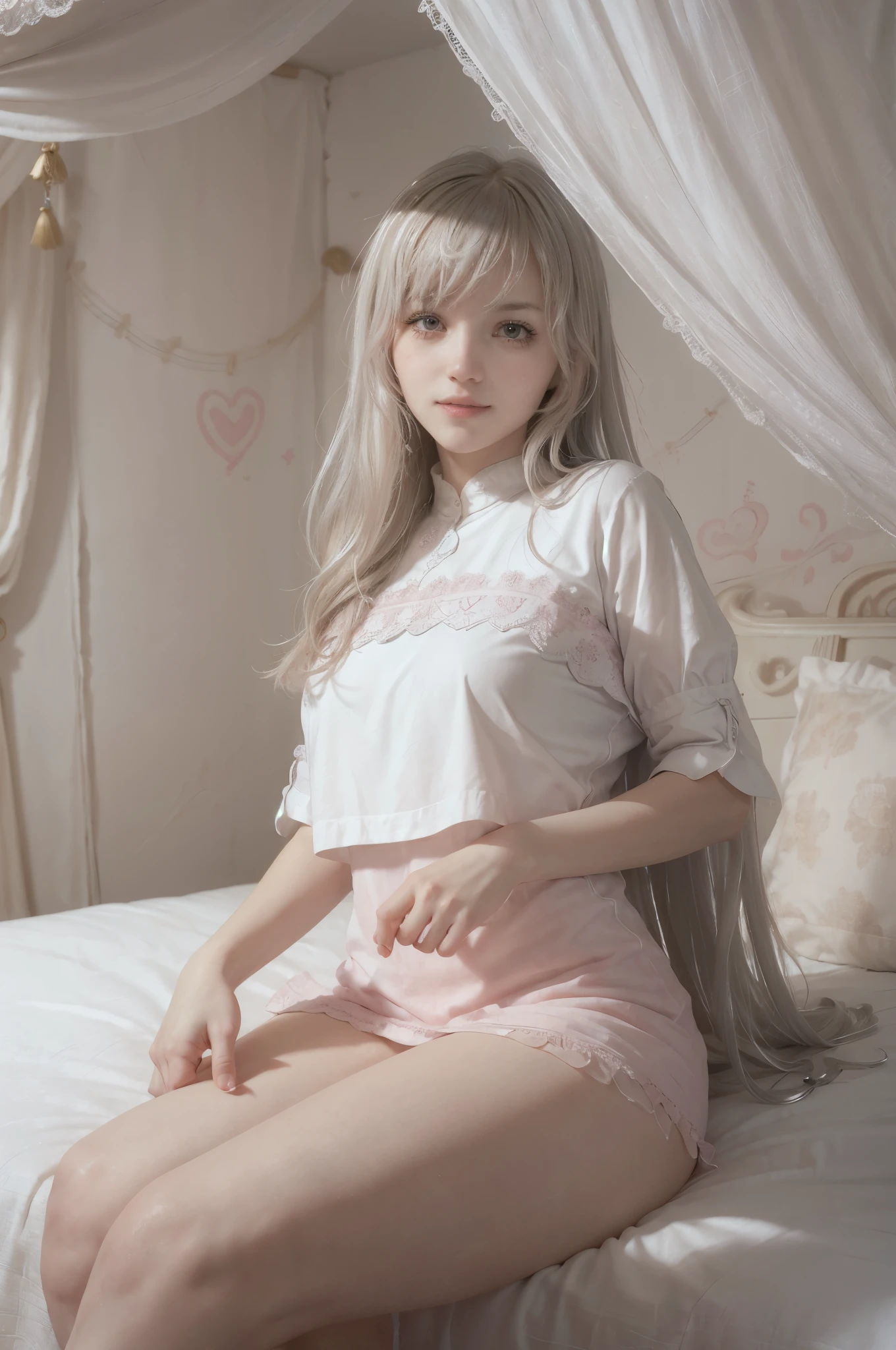 photo of mariya with long blonde hair, bang, NSFW, (petite:1.4), wearing (silver uniform:1.3), (mastrubating:1.8),  on bed in a cute girly bedroom adorned with pastel hues and playful decor. The walls are painted in soft pinks or lavender, with a delicate floral or heart-patterned wallpaper as an accent. A canopy bed with sheer, flowy curtains creates a dreamy atmosphere. Plush stuffed animals and fluffy throw pillows in various shades of pink adorn the bed,
realistic, photorealistic,
High quality, RAW photograph, detailed background, intricate, highly detailed, sharp focus, high resolution, 8k, uhd, dslr, realistic eyes, perfect eyes,