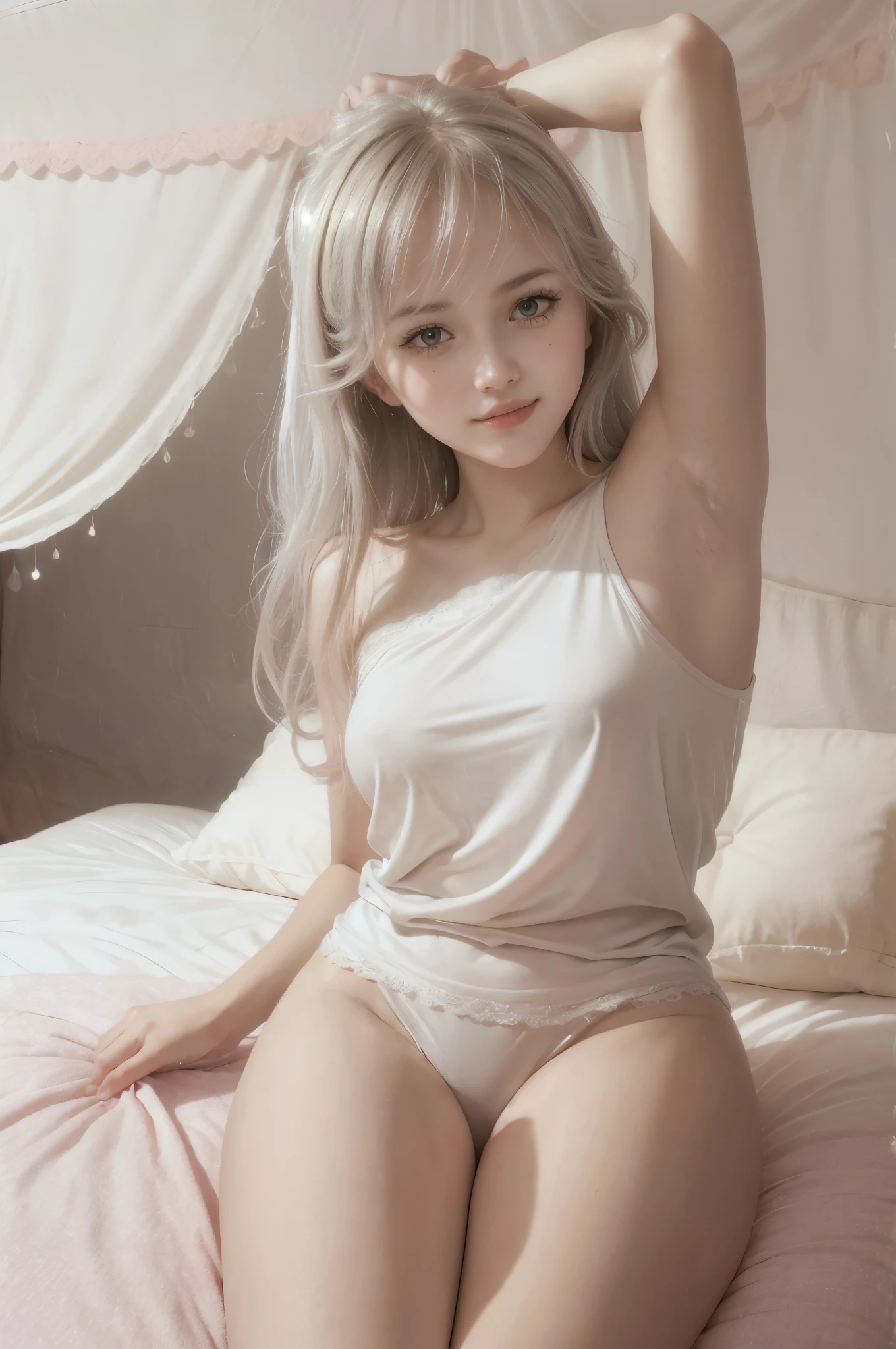 photo of mariya with long blonde hair, bang, (petite:1.4), wearing (silver jersey:1.3), sitting on bed in a cute girly bedroom adorned with pastel hues and playful decor. The walls are painted in soft pinks or lavender, wallpaper as an accent. A canopy bed with sheer, flowy curtains creates a dreamy atmosphere. Plush stuffed animals and fluffy throw pillows in various shades of pink adorn the bed,
realistic, photorealistic,
High quality, RAW photograph, detailed background, intricate, highly detailed, sharp focus, high resolution, 8k, uhd, dslr, realistic eyes, perfect eyes,