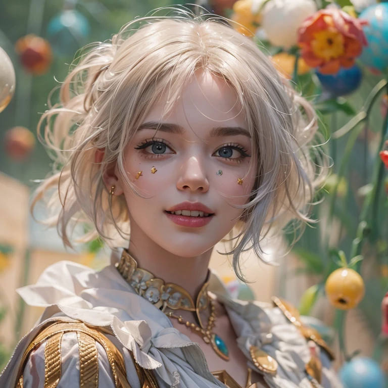 (masterpiece:1.3), (8k, Realistic, RAW Photos, Best image quality: 1.4), Fair-skinned fairy woman、short hair、Cleavage:2.0、Highly detailed face、Attention to detail、double eyelid、Sharp focus:1.2、Beautiful woman:1.4、highest quality、masterpiece、Ultra-high resolution、(Realistic:1.4)、Highly detailed and professionally lit smiles、カーネ・グリフィスを彷彿andさせる非常に詳細な線画, (Donald Trump'clown:1.7), (balloon:1.4), With the power of Vadim Kassim'大胆な色彩and質感, Light and airy, Like the works of Carl Larsson, dark background, dark, evil, fire, パスカル・ブランシュ風の超Realisticなキャラクター, pastel, Grace, Draandic lighting, Expressive camera angles, and, Concept Art, amusement park, masterpiece
