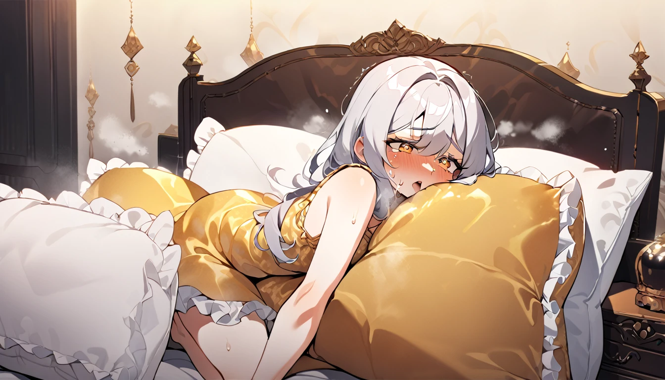 （A woman, flowing white hair, melancholy eyes, yellow pupils, black diamond-shaped hairpin, Cute girl posing on golden silk pillow, frilled golden silk pillow，many golden silk pillows on background, Pillow，steam，(Luxury silk Pillow)，pillow humping，humping, pillow straddling, straddling , crotch rub, hump，open mouth , riding pillow, pillow on between legs, kneeling，（Steaming hot), , pillow grinding, rubbing crotch on a pillow, (((golden silk frilled pillow))),big  Luxurious bedrooms, Sweating profusely. She's crying.