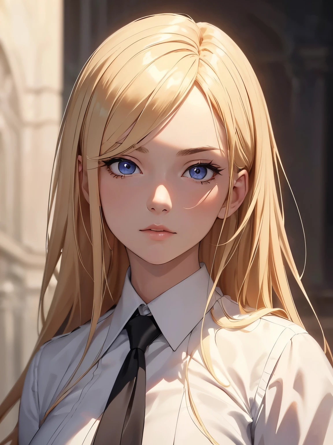 masterpiece, best quality, 1girl, blonde hair, white formal shirt, posing, potrait, mugshot, detailed eyes, detailed facial features, realistic and high resolution (best quality, 4k, 8k, highres, masterpiece:1.2)