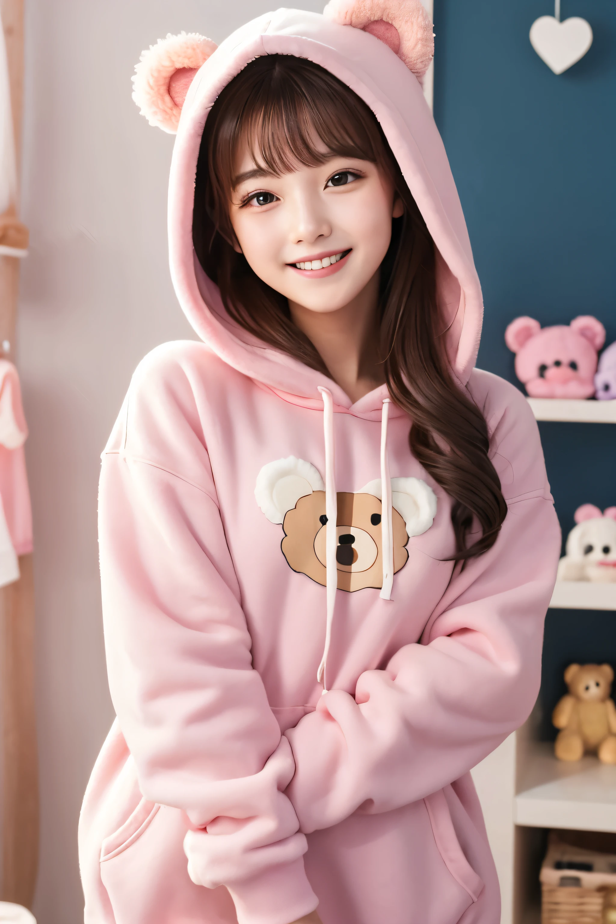 there is a woman sitting on a chair next to a teddy bear, trending at cgstation, pink girl, anime thai girl, pink clothes, young and cute girl, ruan cute vtuber, trending on cgstation, cutecore, korean girl, casual pose, young asian girl, pink body, bra and shorts streetwear, wearing a pink hoodie, sha xi